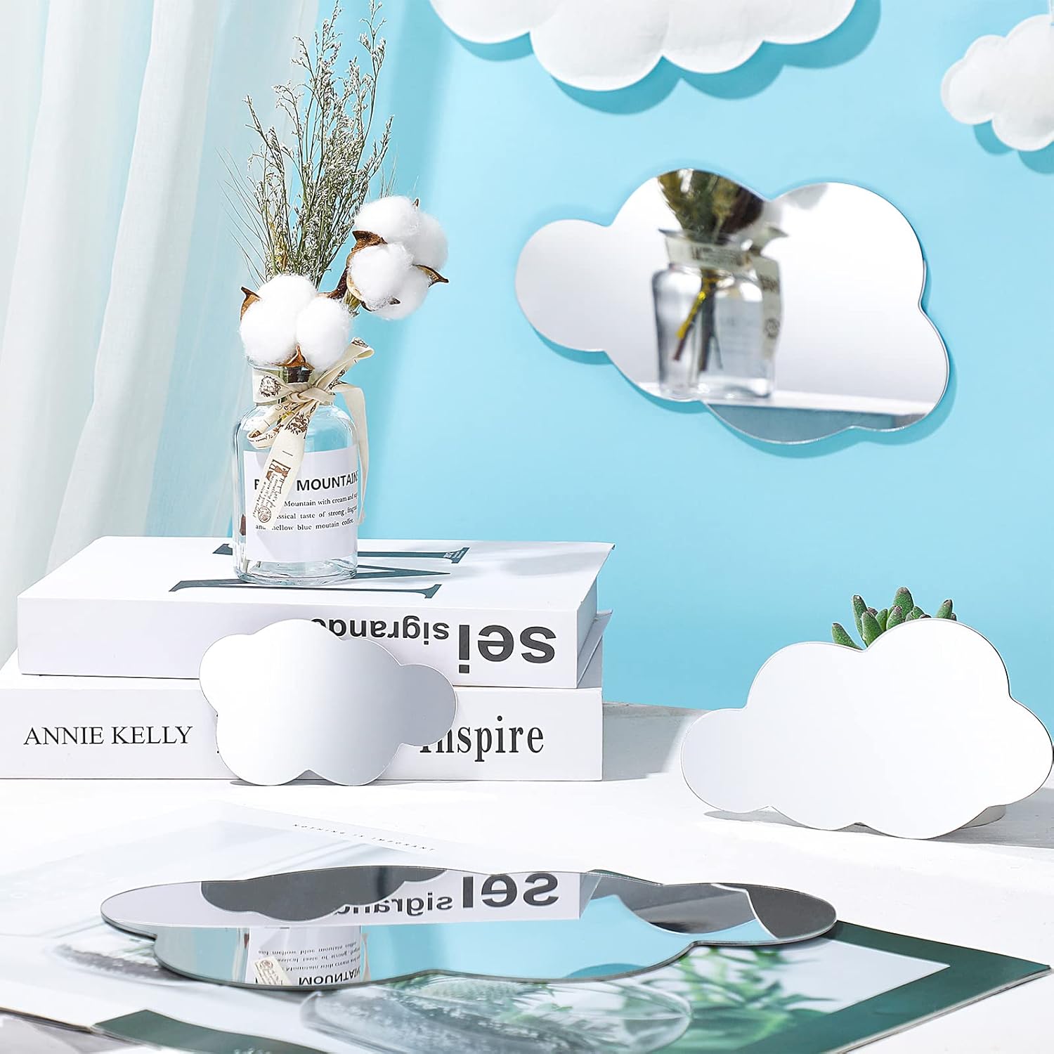 8 Pcs Acrylic Cloud Shape Mirror Wall Art Decor Cloud Mirror Stickers Decals for Kids Girls Bedroom Bathroom Playroom silver