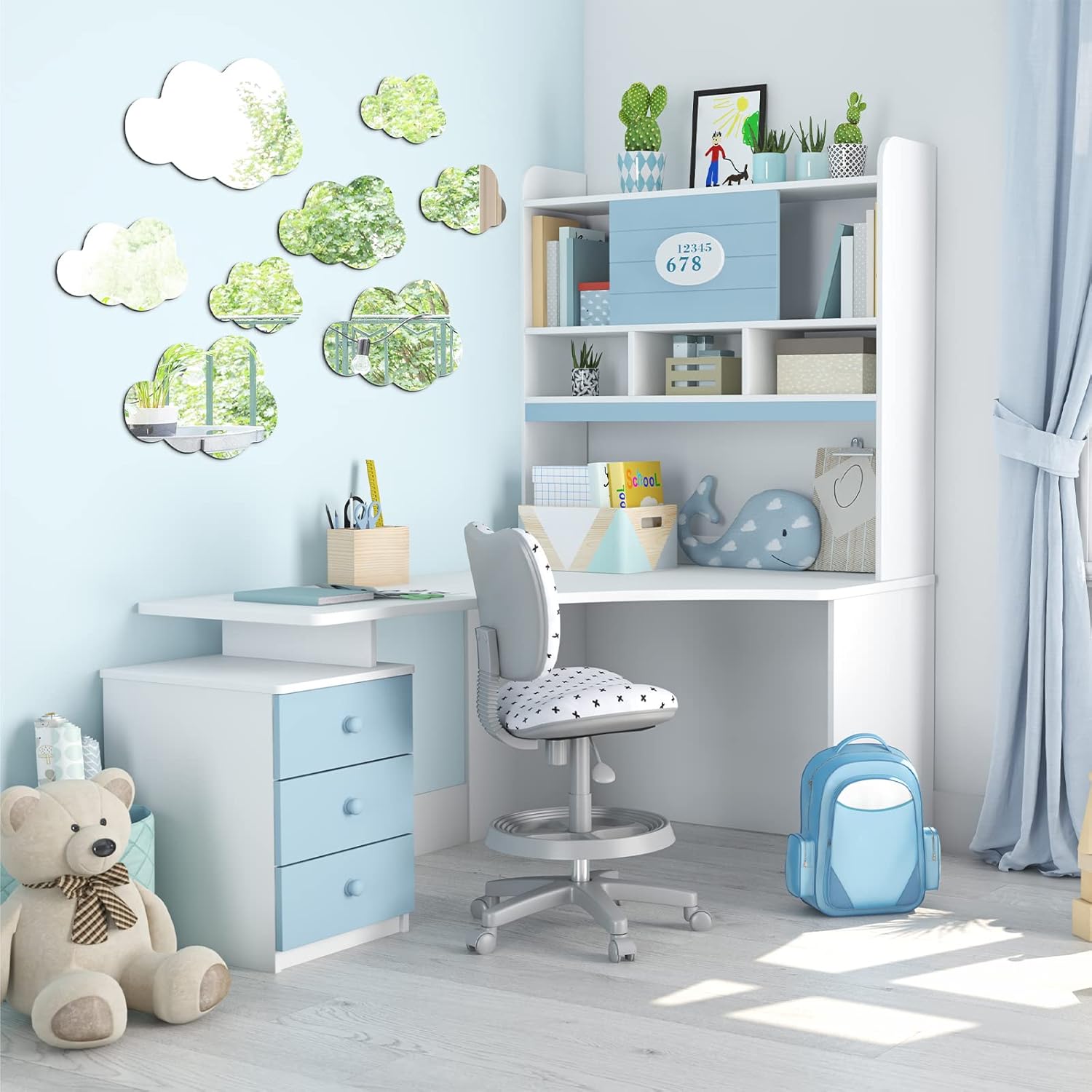 8 Pcs Acrylic Cloud Shape Mirror Wall Art Decor Cloud Mirror Stickers Decals for Kids Girls Bedroom Bathroom Playroom silver
